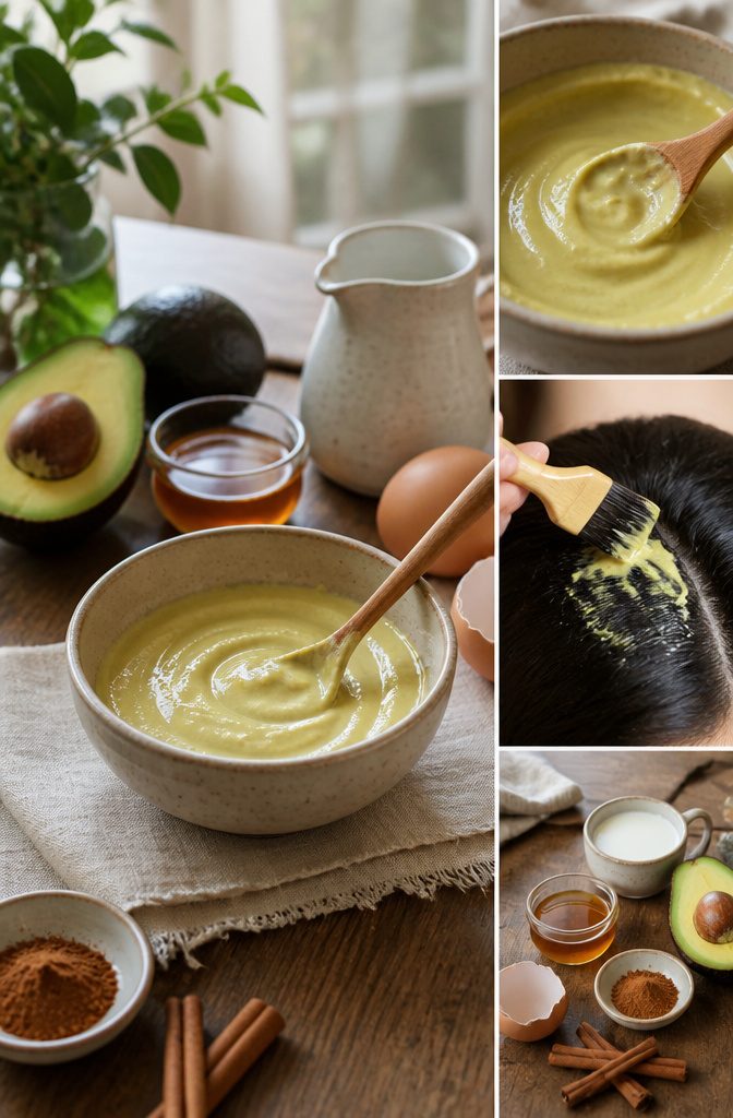 Avocado egg milk honey and cinnamon set out for mixing