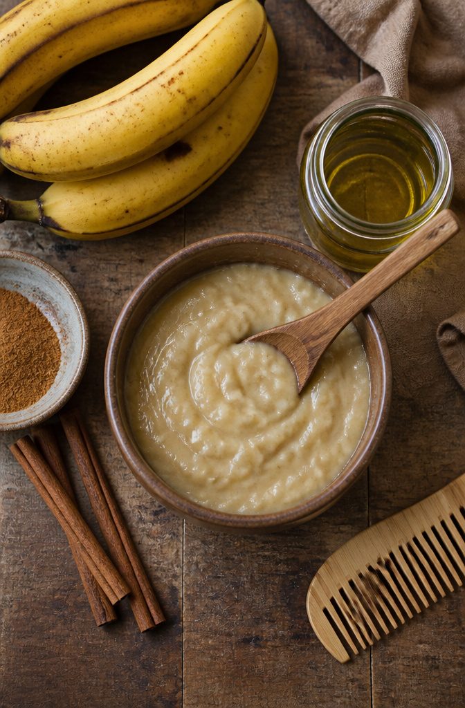 Mashed banana with cinnamon and oil in a bowl