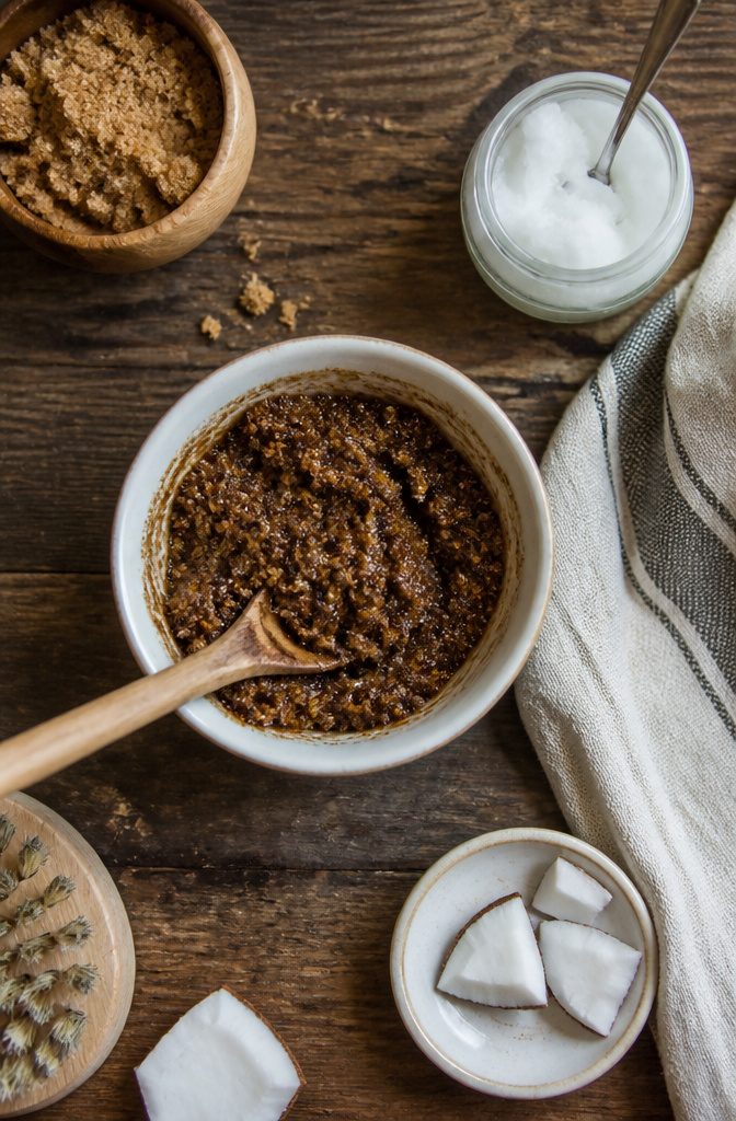Brown sugar and coconut oil mixed into a coarse paste