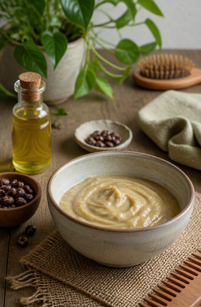 Bottle of castor oil beside aloe gel and a small bowl