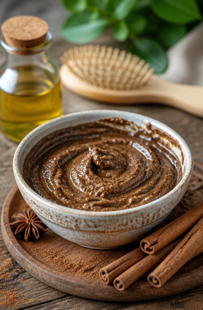 Ground cinnamon beside coconut oil and a small mixing bowl