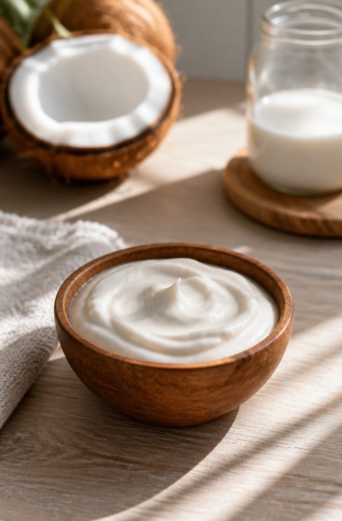 Open can of coconut milk beside a bowl and spoon