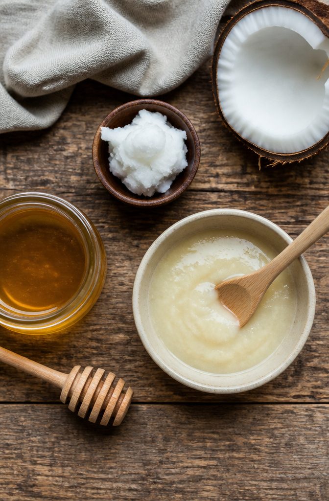 Coconut oil and honey in small bowls beside a mixing spoon