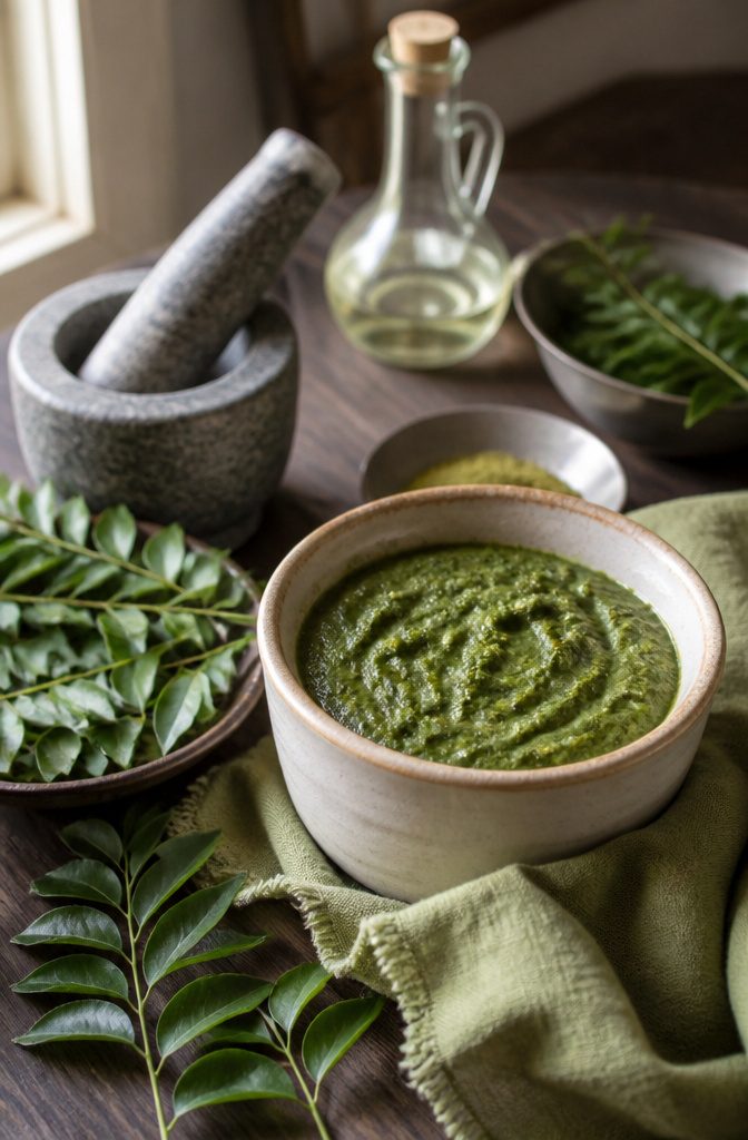 Fresh curry leaves crushed into a green paste in a small bowl