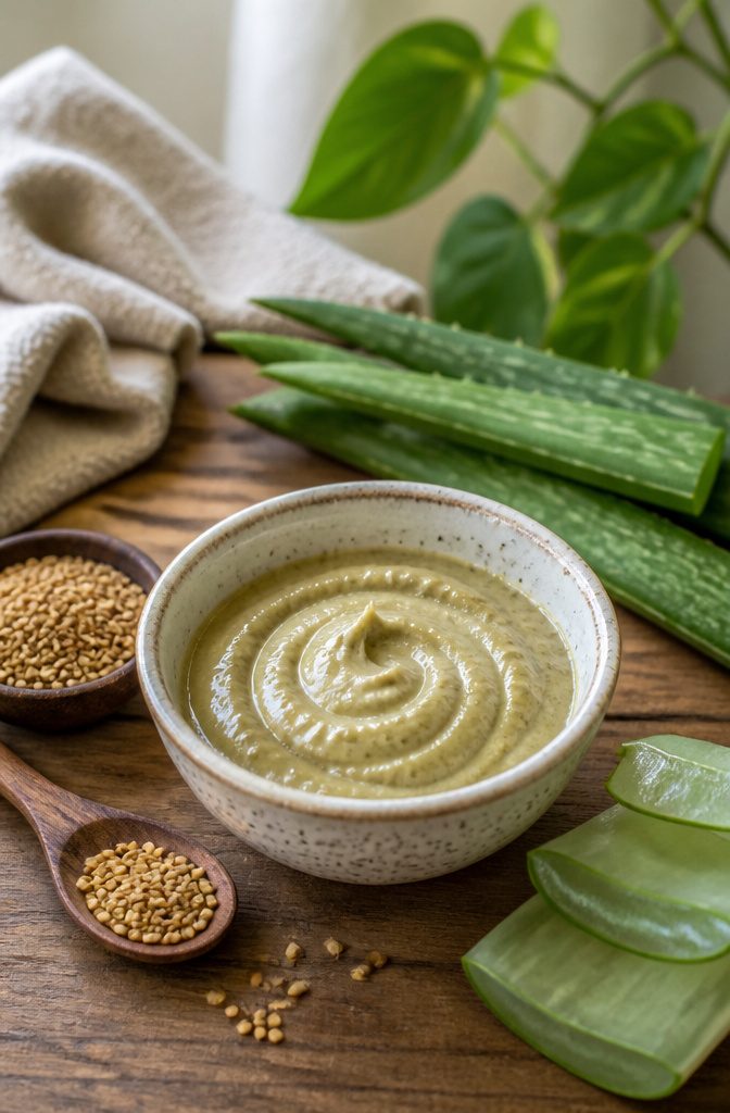 Fenugreek seeds soaking beside fresh aloe gel in a bowl