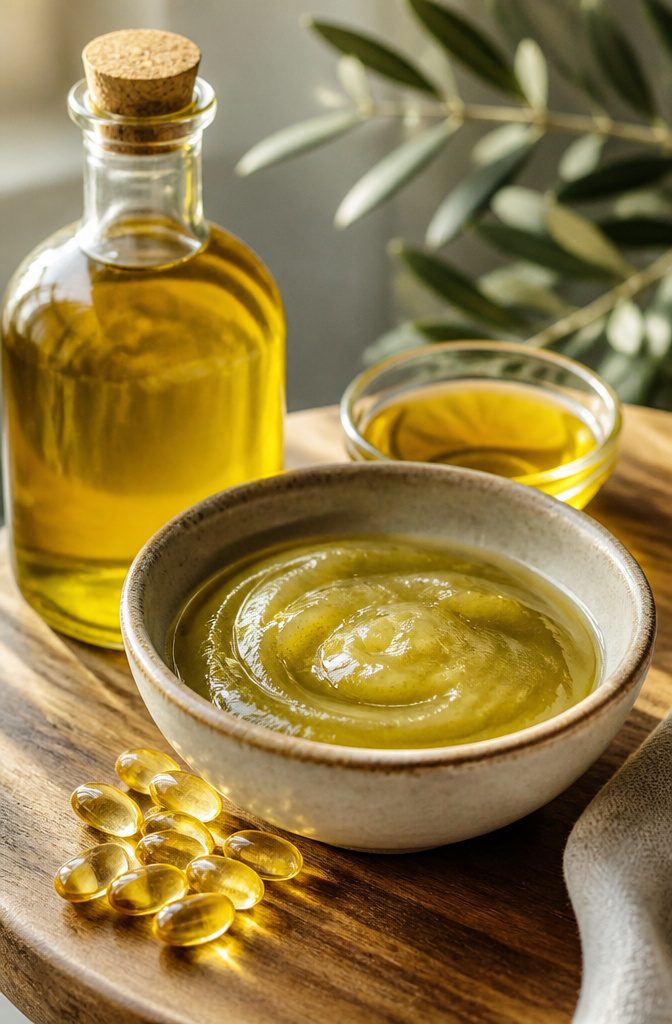 Olive oil and liquid fish oil measured in separate small bowls