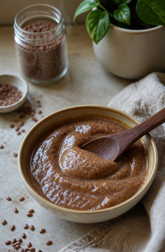 Clear flaxseed gel in a glass bowl beside whole flaxseeds