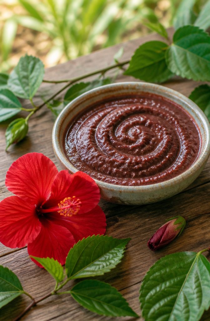 Hibiscus flowers and leaves crushed into a fibrous paste