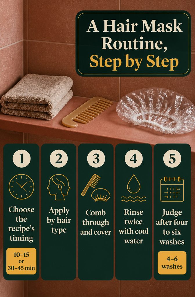 Hair mask routine infographic with steps for applying and rinsing