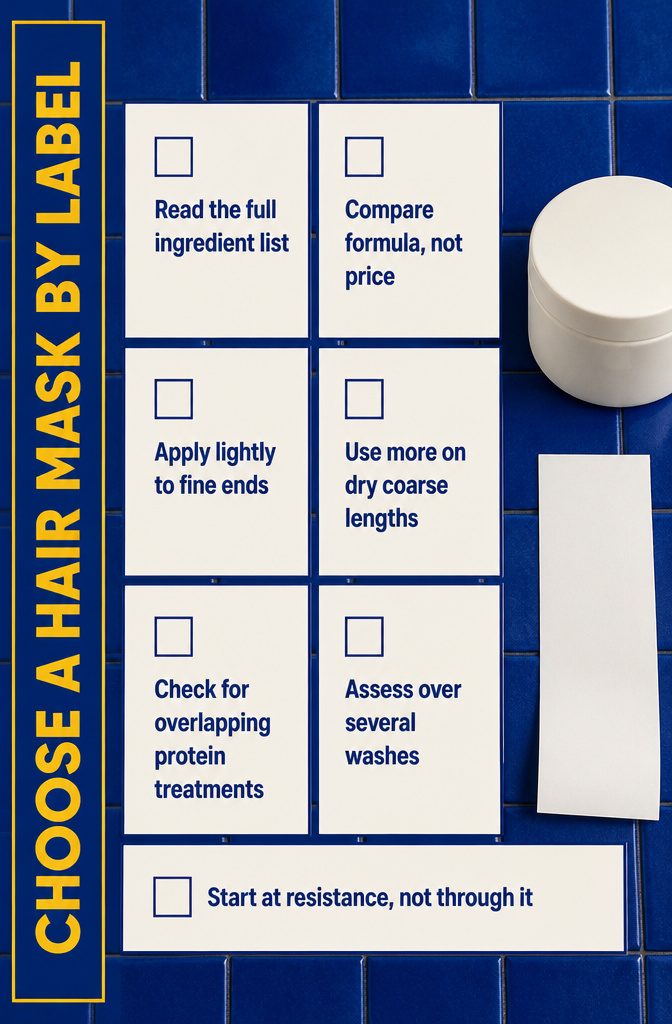 Hair mask label infographic with ingredient list and product jar