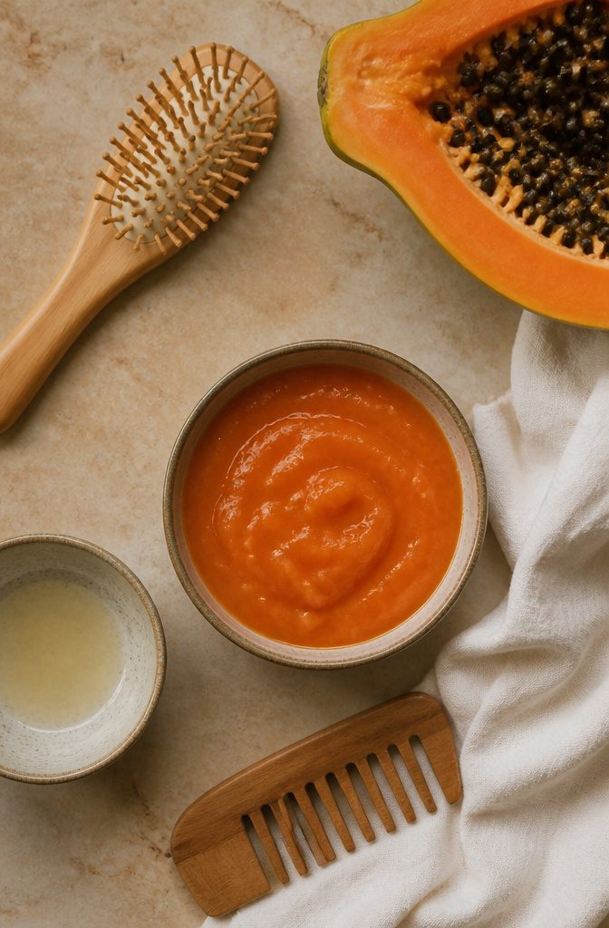Cut ripe papaya with seeds and a bowl for preparing a mask