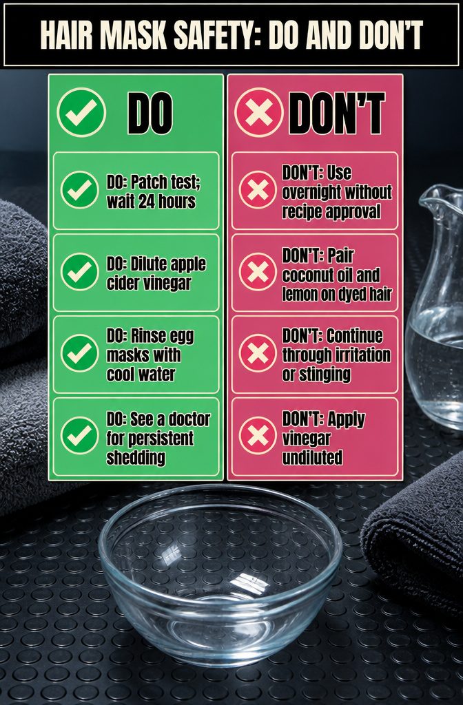 Hair mask safety infographic with do and do not reminders