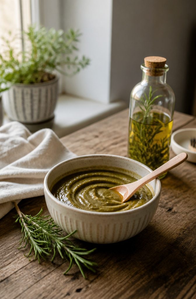 Fresh rosemary sprigs beside a bottle of rosemary oil on a counter