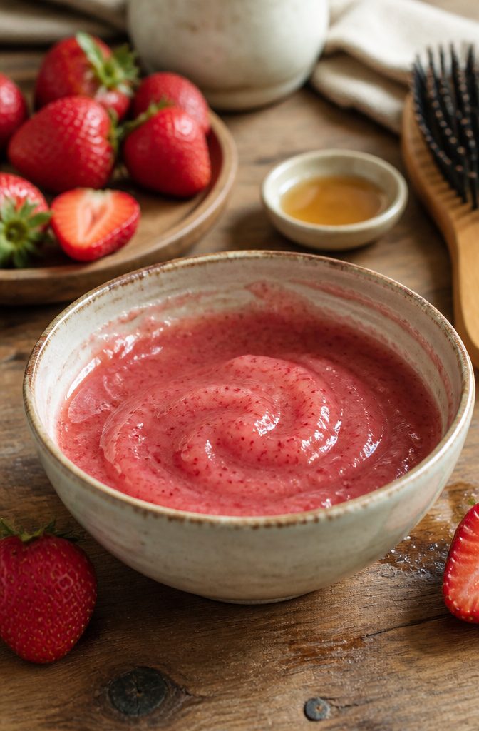 Ripe strawberries beside a bowl of smooth strawberry puree