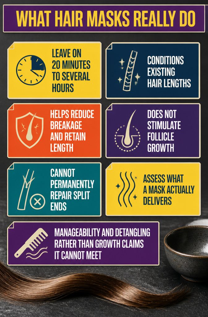 Hair mask infographic with text about conditioning and hair lengths