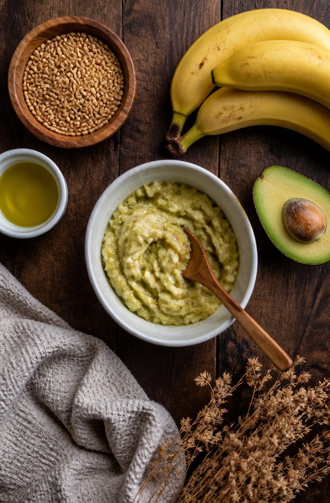 Mashed banana and avocado with olive oil and wheat germ oil