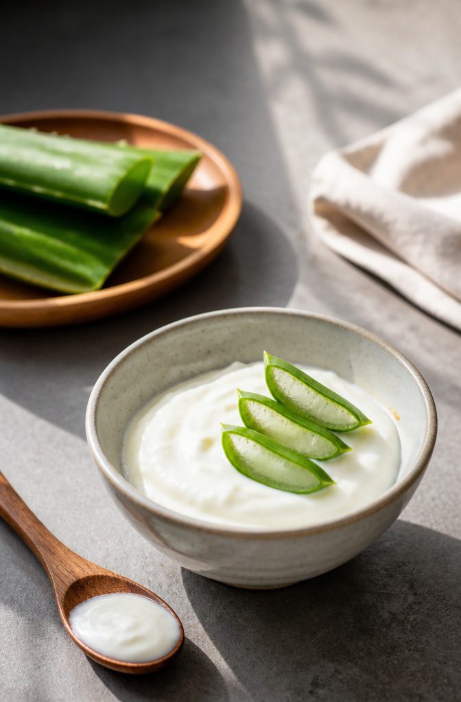 Plain yogurt and aloe gel in a bowl with a mixing spoon