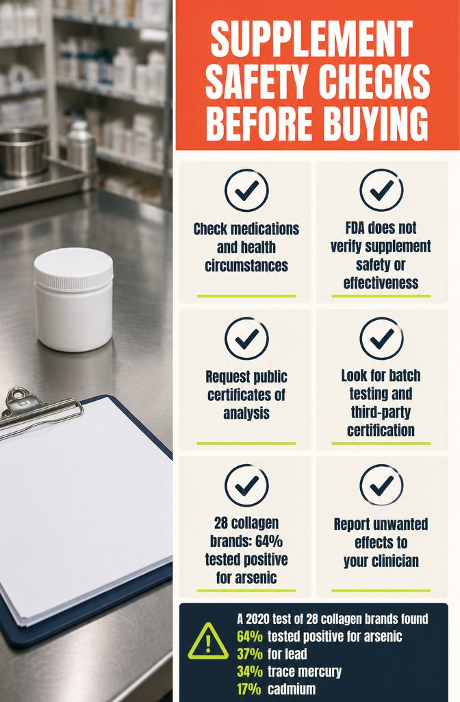 Information graphic titled Supplement Safety Checks Before Buying