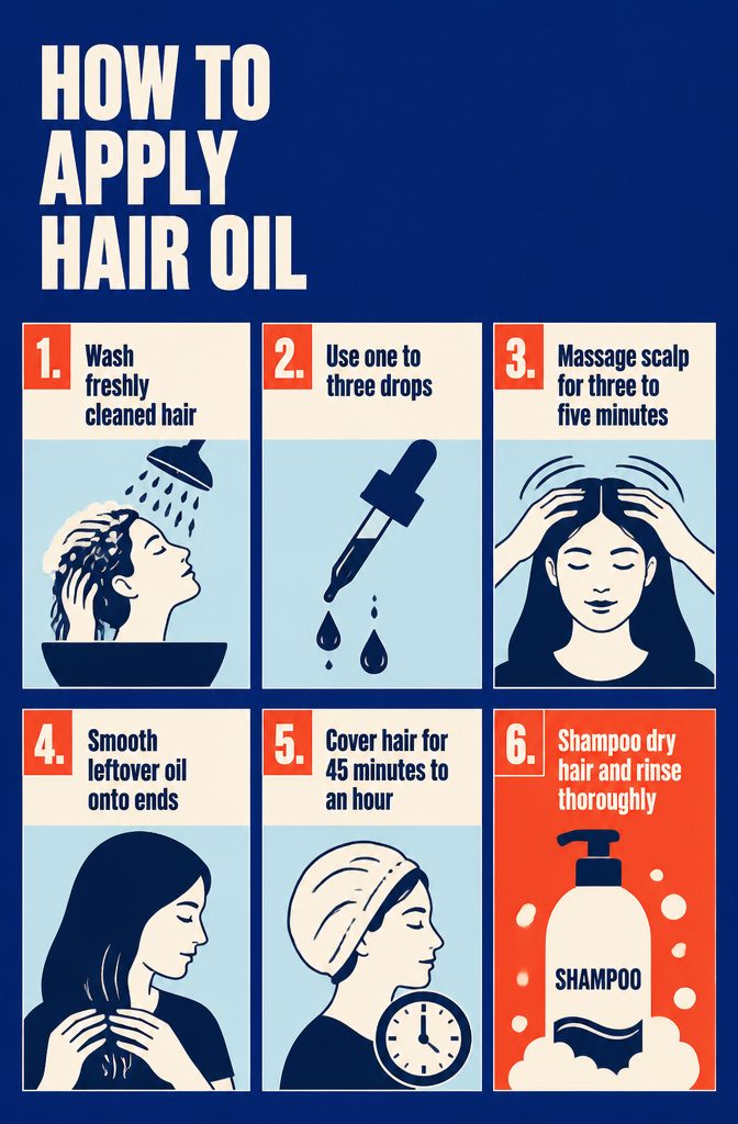 Beauty infographic titled How to Apply Hair Oil