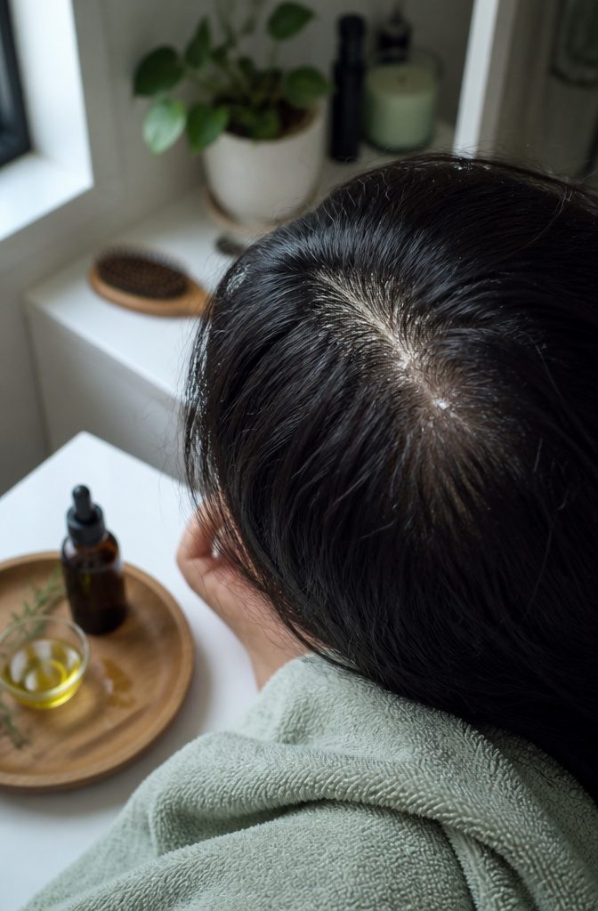 Parted crown with scalp flakes beside a serum bottle and oil drops