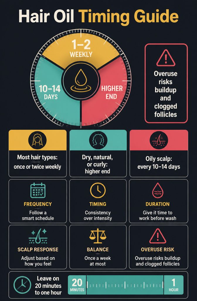 Beauty infographic titled Hair Oil Timing Guide