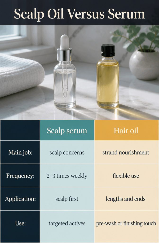 Beauty infographic titled Scalp Oil Versus Serum