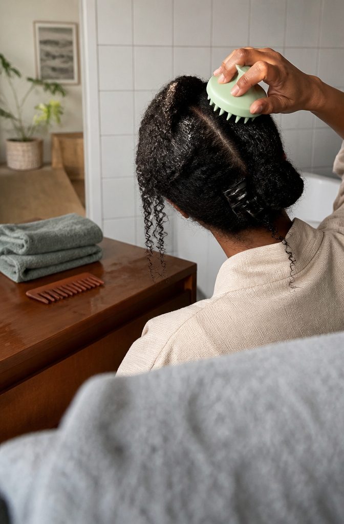 Silicone scalp massager pressed against an oiled part in natural hair