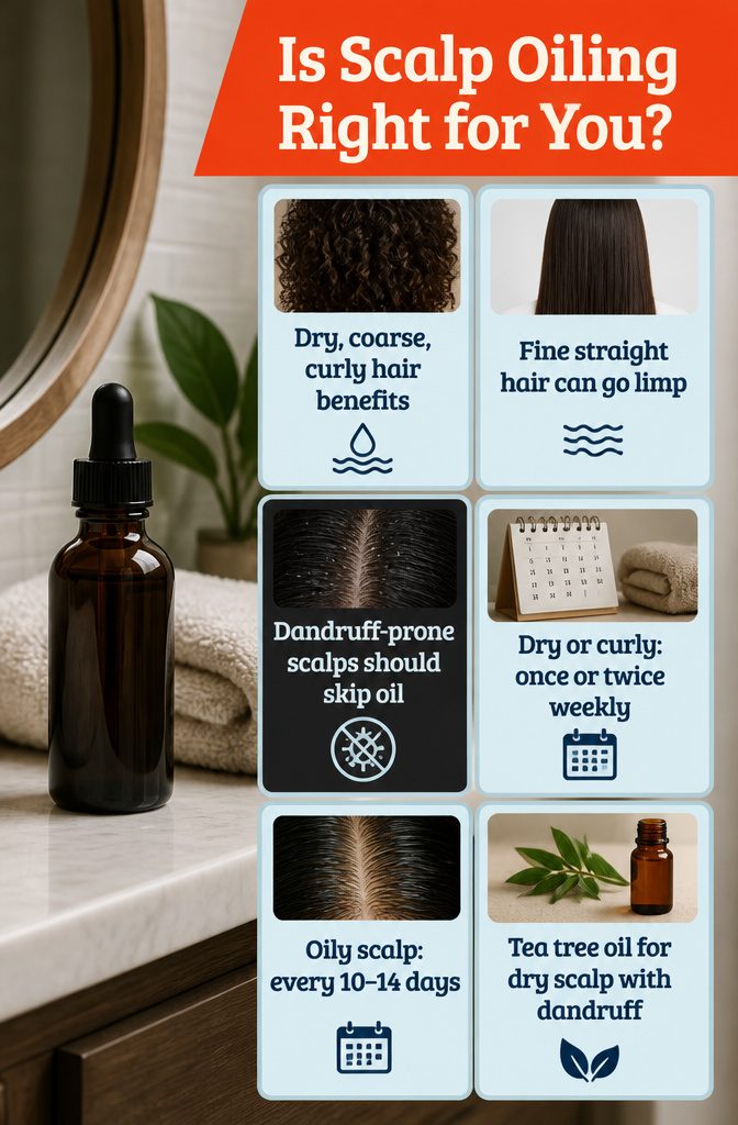 Beauty infographic titled Is Scalp Oiling Right for You?