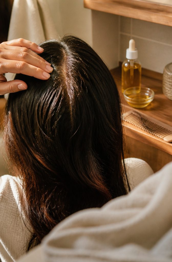 Hair oil being massaged into the scalp