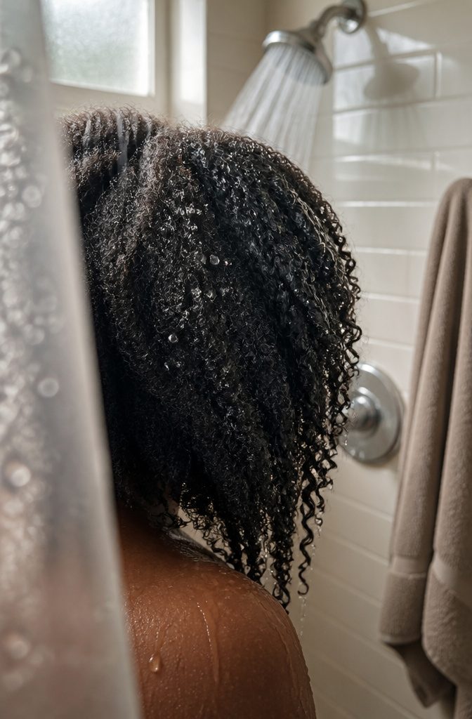 Water droplets beading on a hair strand before soaking through