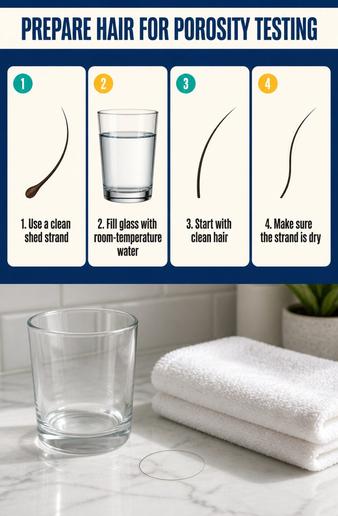 Clean shed hair strand beside a clear glass of room-temperature water
