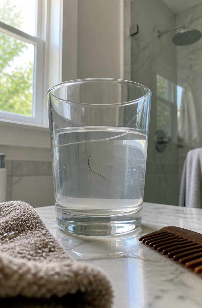 Two hair strands at different depths in a clear glass of water