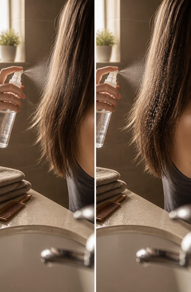 Fine water mist settling on a clean dry section of hair