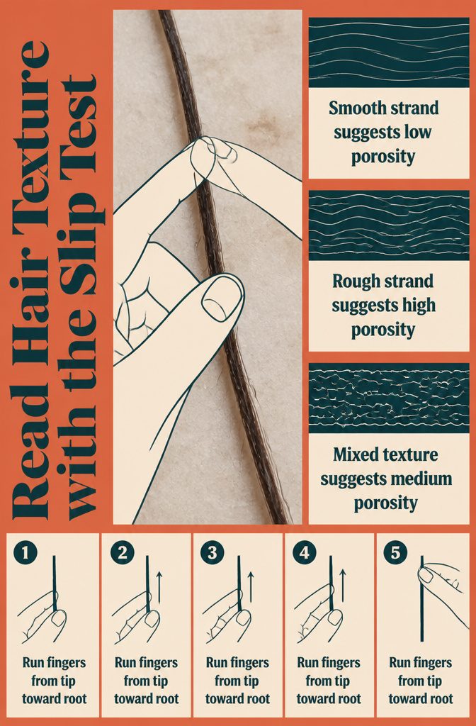 Hand running fingers along a single hair strand from tip toward root