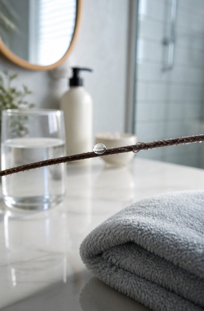 Hair strand with close overlapping cuticle scales and raised chipped scales farther along