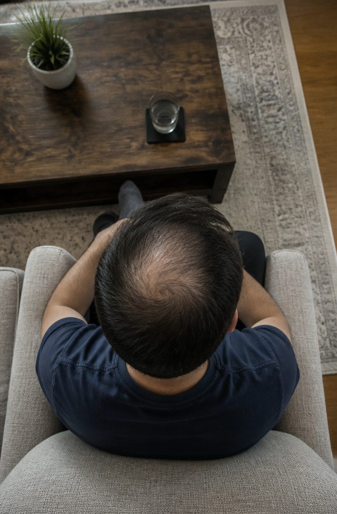 Hair thinning at the crown in a natural setting