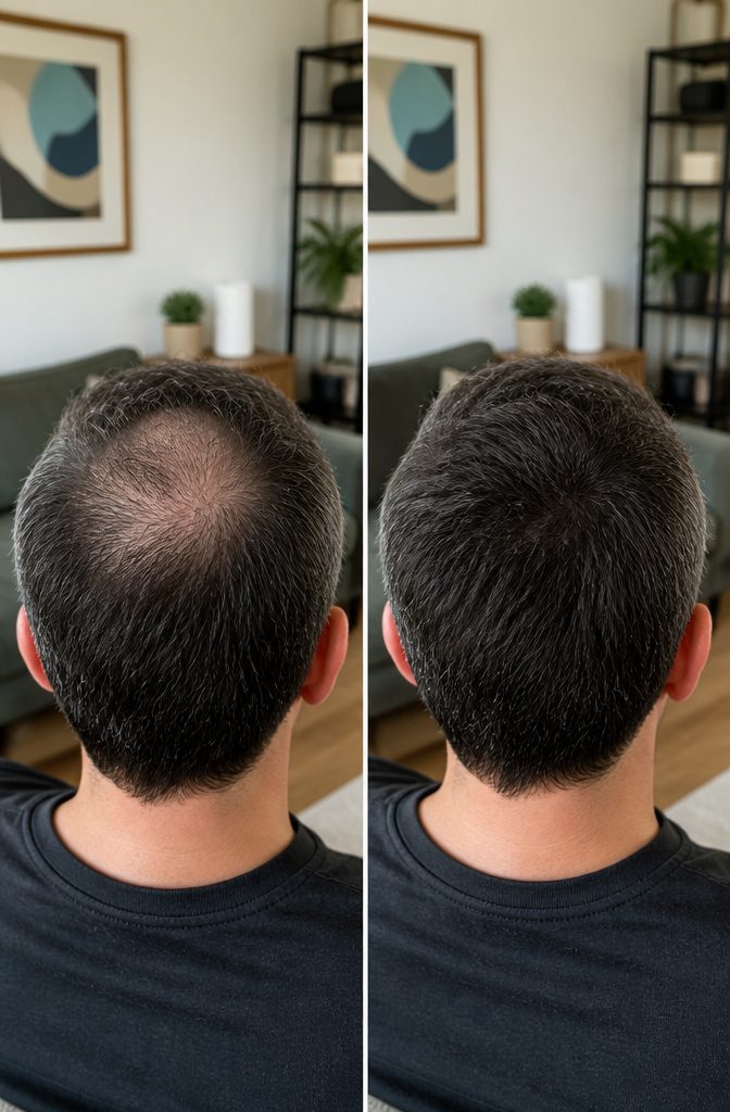 Hair thinning at the crown in a natural setting