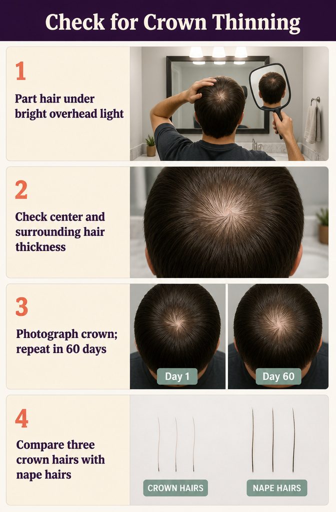 Crown thinning check graphic with directions around a hair swirl
