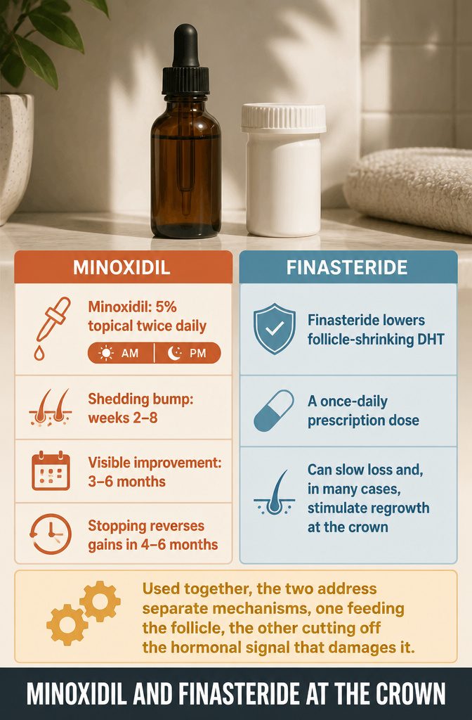 Minoxidil and finasteride treatment graphic for crown hair