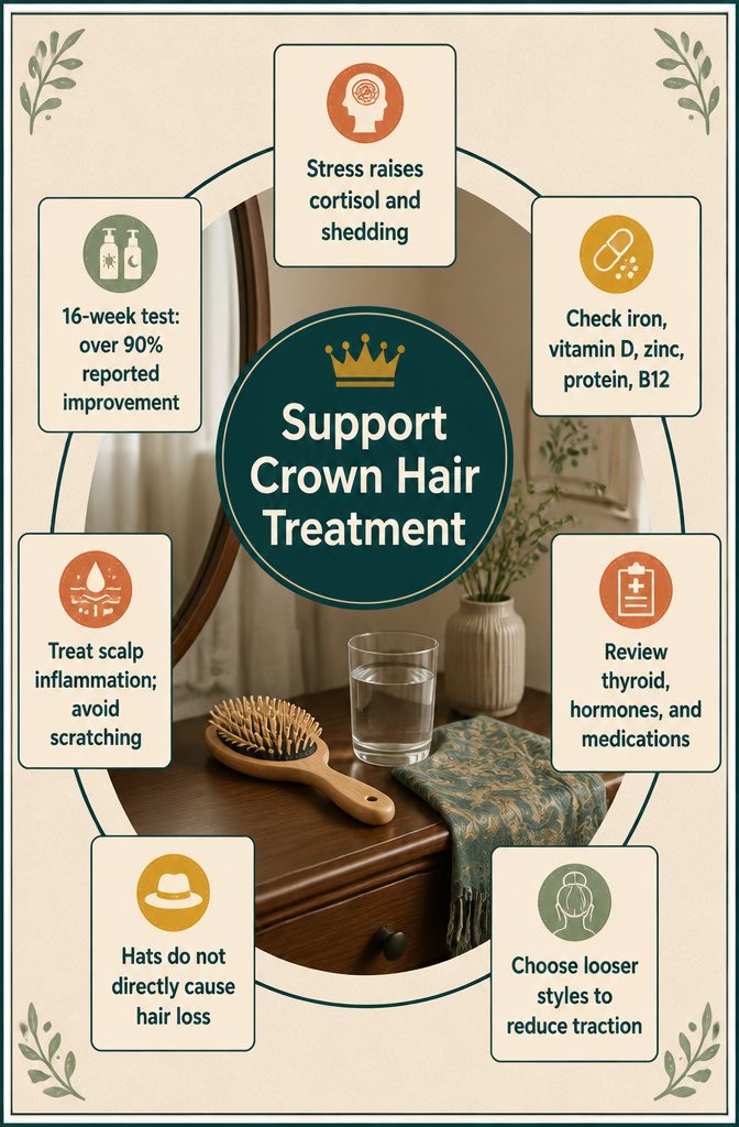 Crown hair treatment support graphic with scalp care guidance