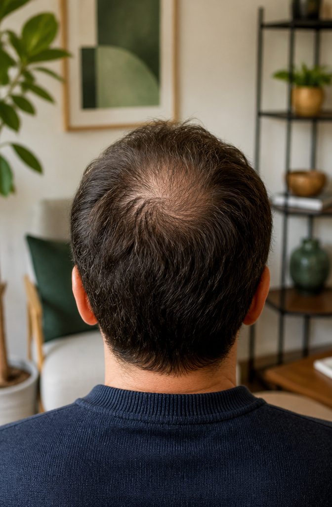 Hair thinning at the crown in a natural setting