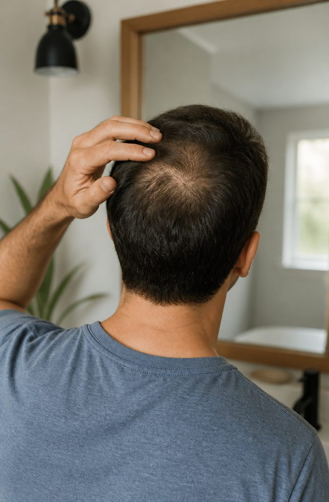 Hair thinning at the crown in a natural setting