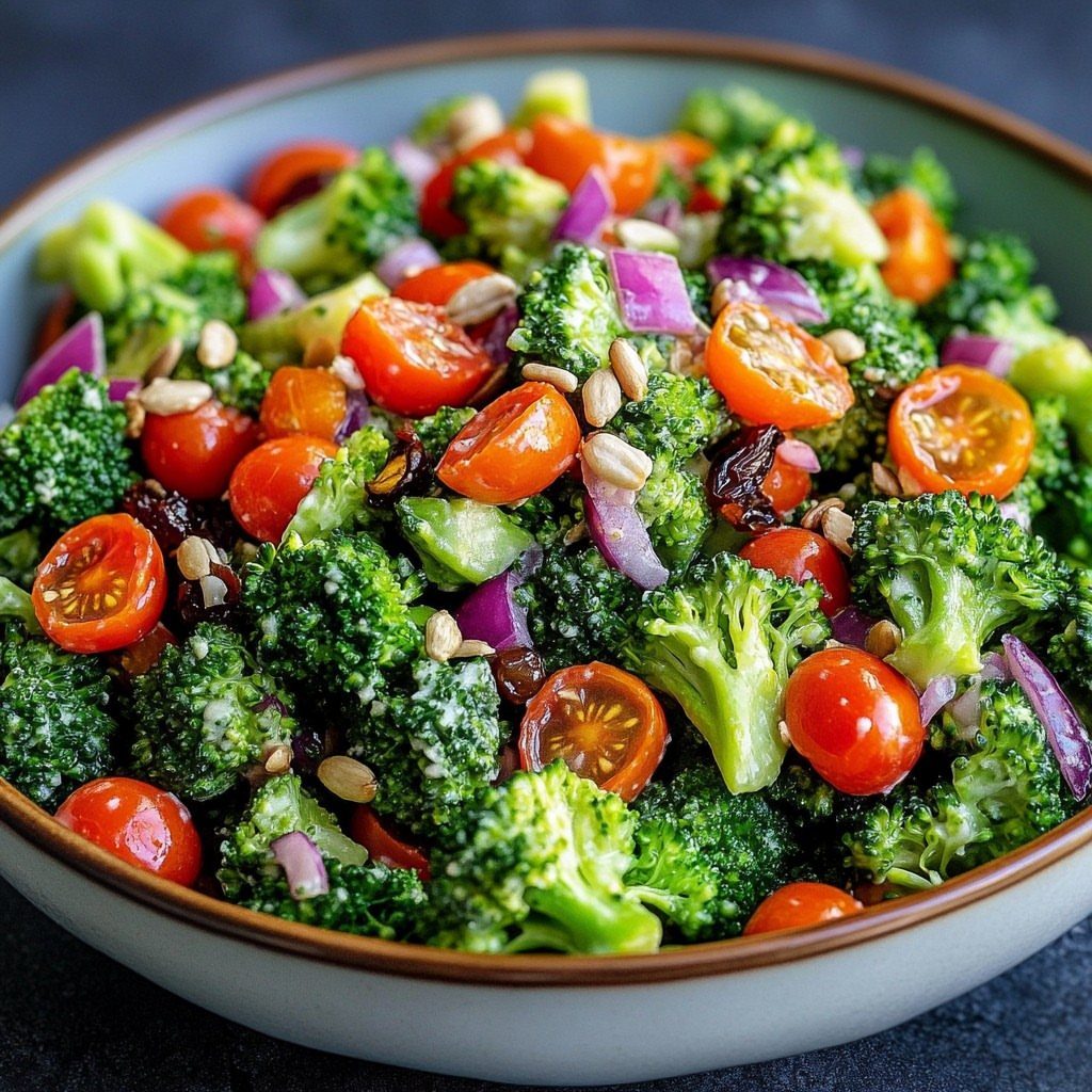 Broccoli salad with cherry tomatoes, red onion, and sunflower seeds in a bowl