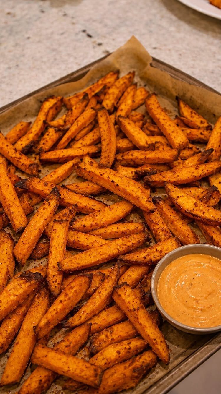 Roasted sweet potato fries on a baking sheet with a side of dipping sauce.