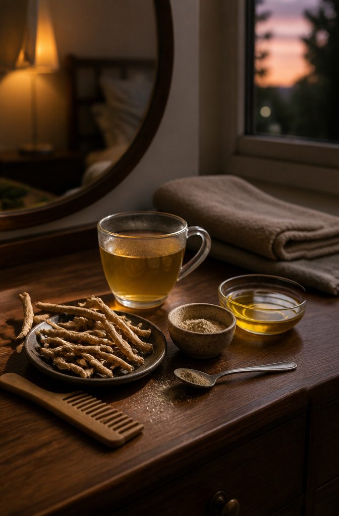 Ashwagandha roots beside tea powder and golden scalp oil