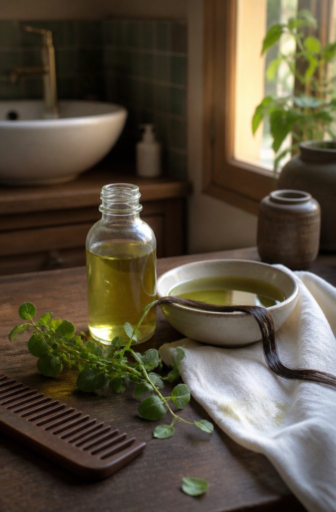 Green brahmi leaves beside a shallow bowl of oil and dark hair