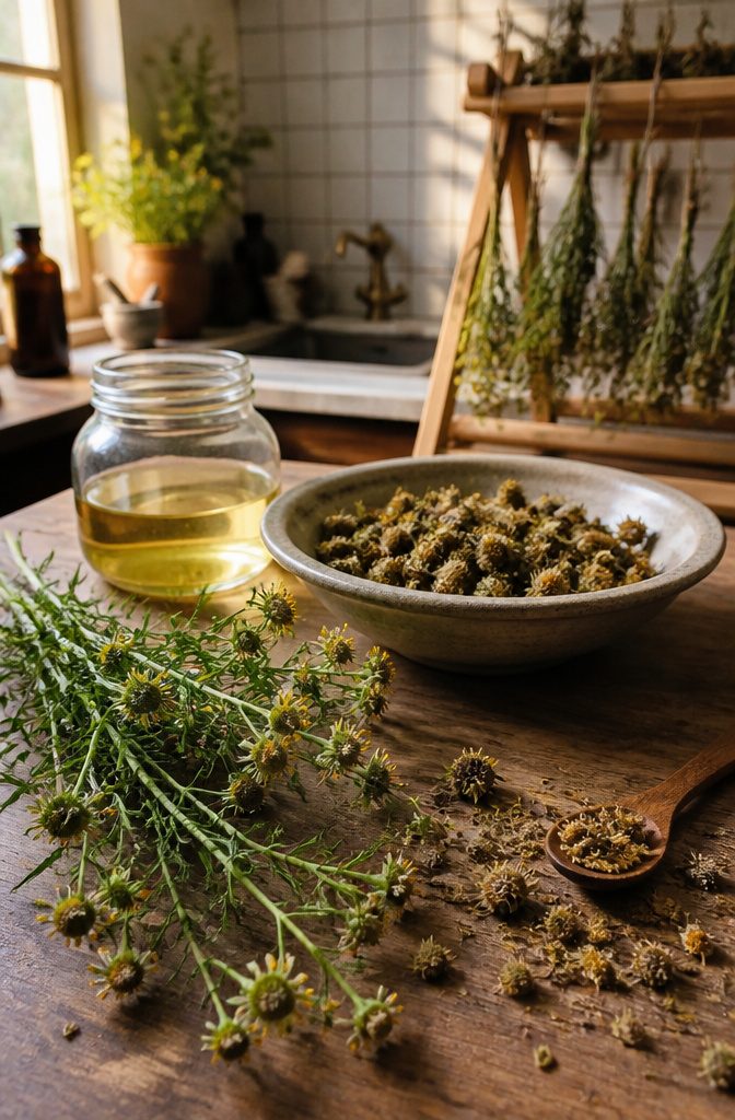 Coat buttons with yellow-centered flowers dried herb and carrier oil