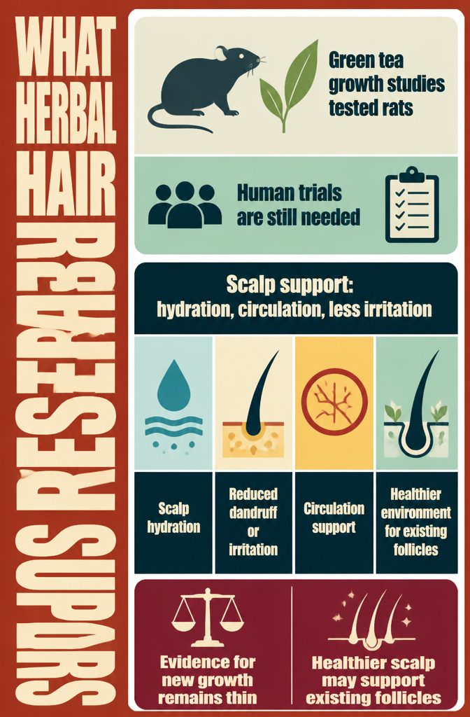 Herbal hair research infographic about evidence and limits