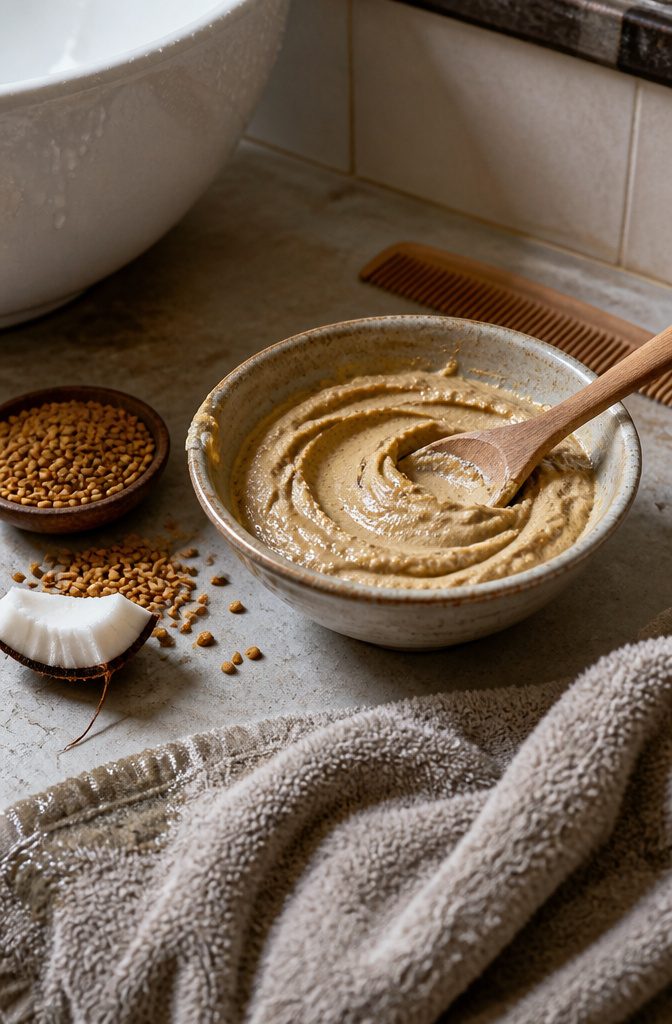 Pale fenugreek and coconut milk paste with seeds and coconut