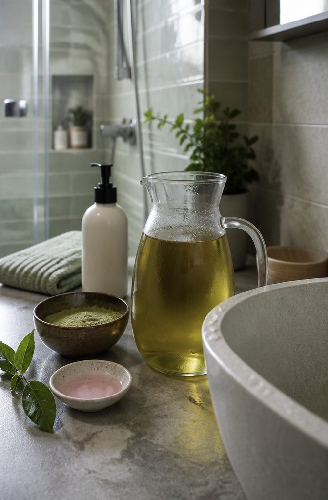 Green tea in a glass pitcher with powder rose water and leaves
